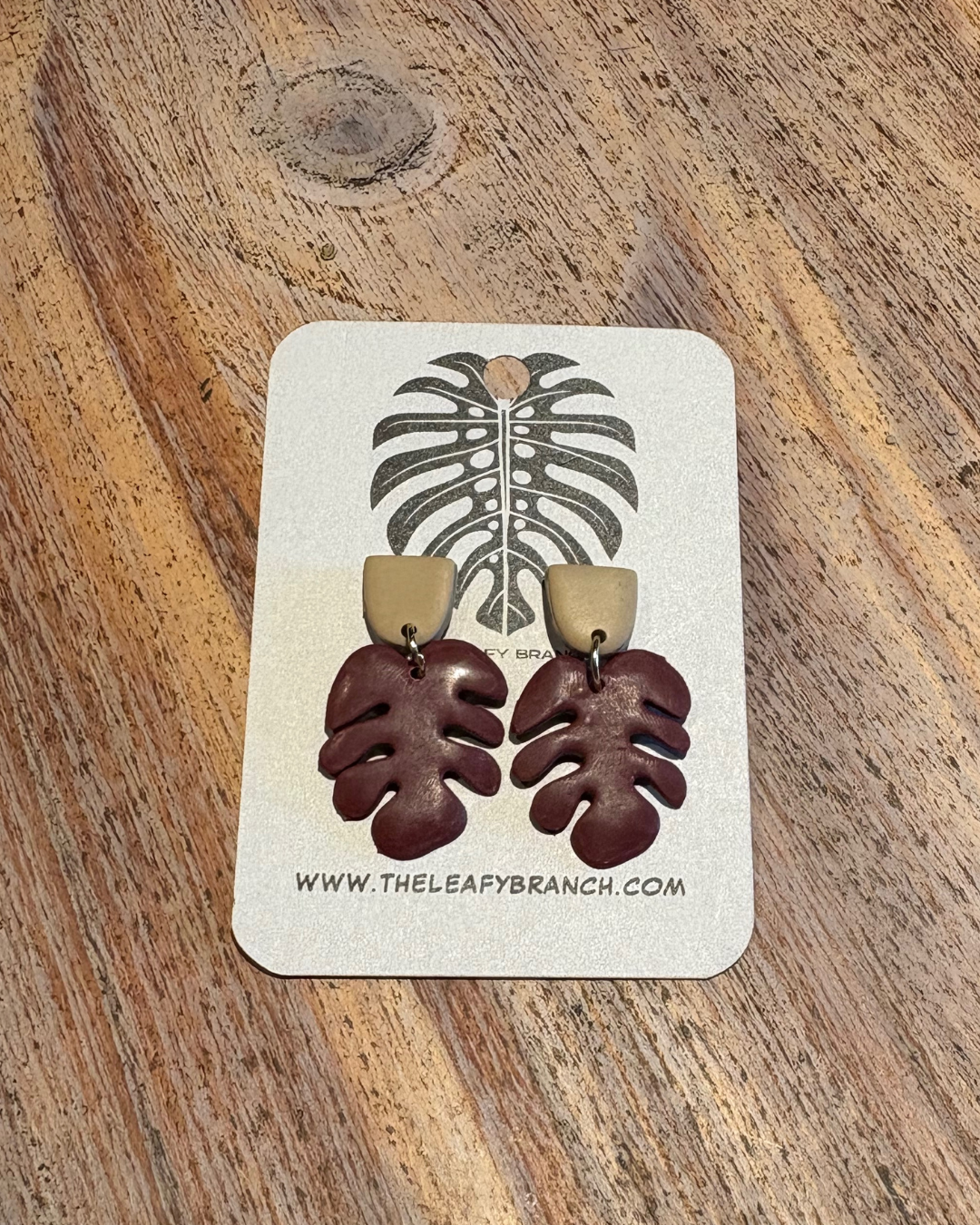 Monstera Handmade Clay Earrings- Wine