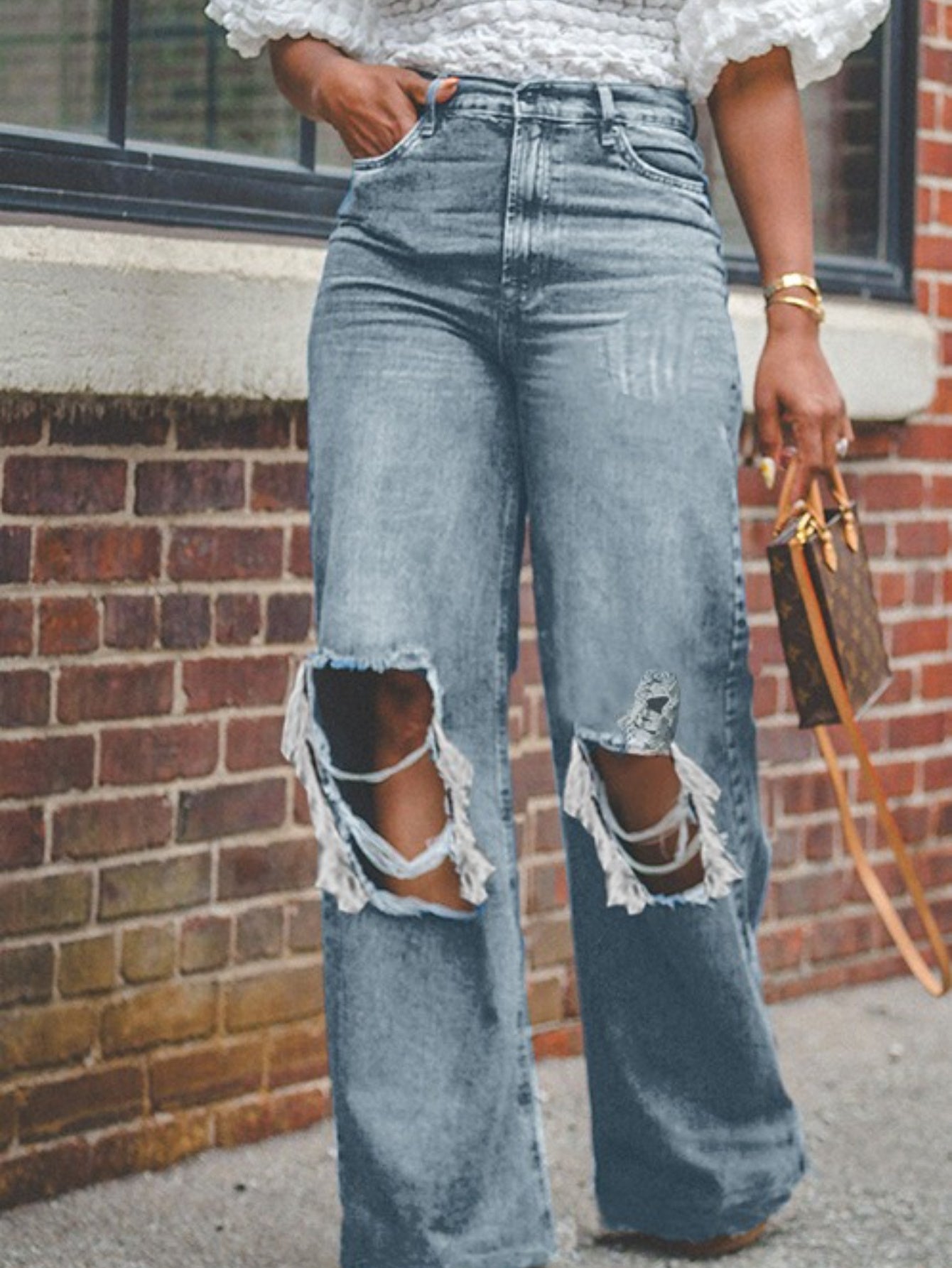 Old ripped wide legs washed high waist loose jeans women