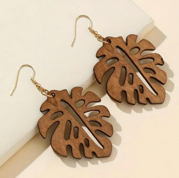 Monstera Earrings- Brown