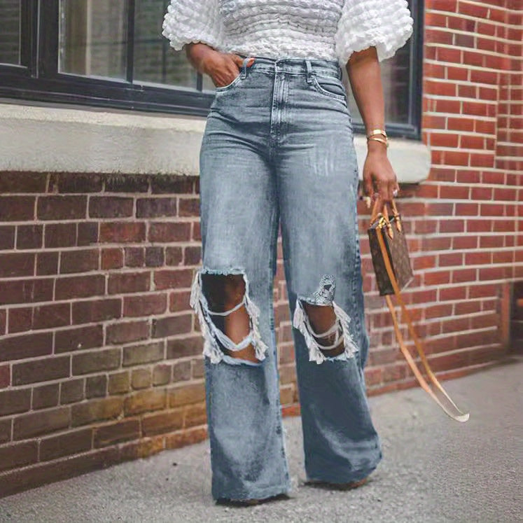 Old ripped wide legs washed high waist loose jeans women