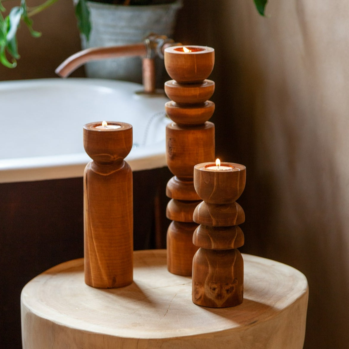Abstract Wooden Tealight Totem Candle Holder - The Leafy Branch