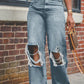 Old ripped wide legs washed high waist loose jeans women