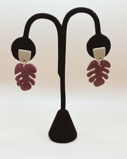 Monstera Handmade Clay Earrings- Wine