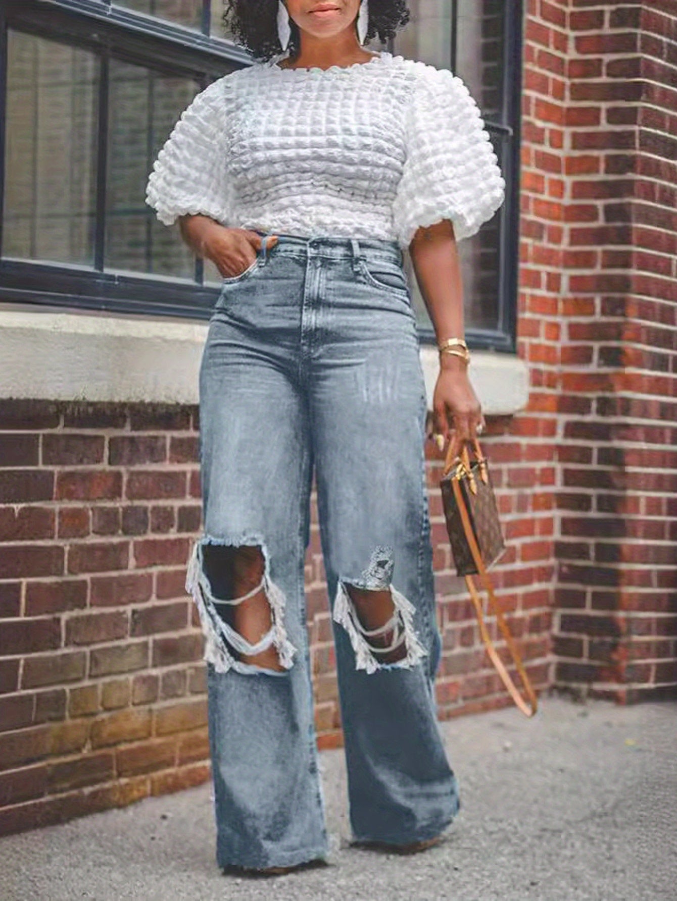 Old ripped wide legs washed high waist loose jeans women