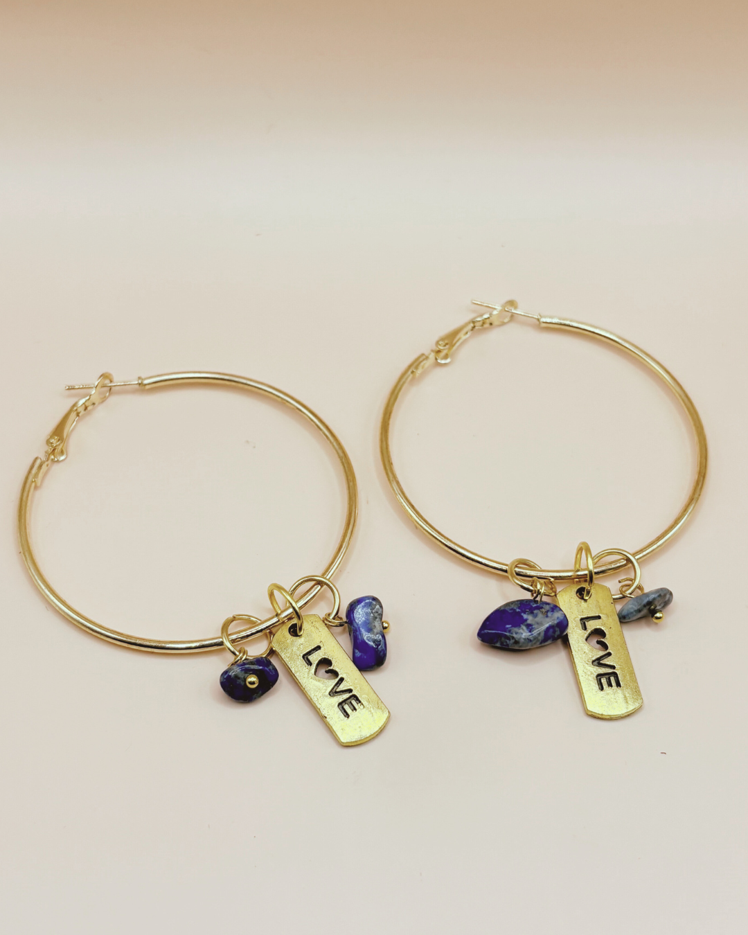 Love Gold Hoop Earrings- Blue