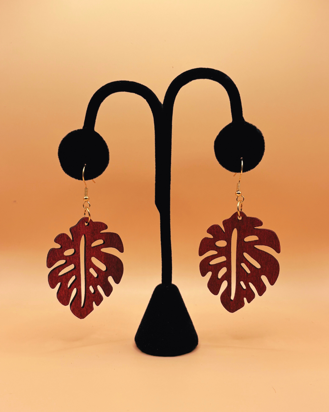 Monstera Wood Earrings- Red