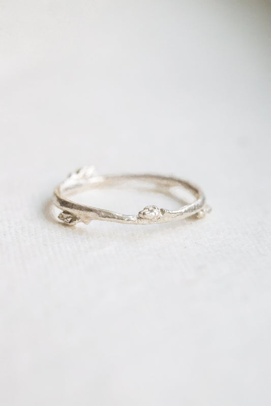 Budding twig ring Size 8, stackable rings, Maine forest botanical jewelry, recycled sterling silver, hand carved