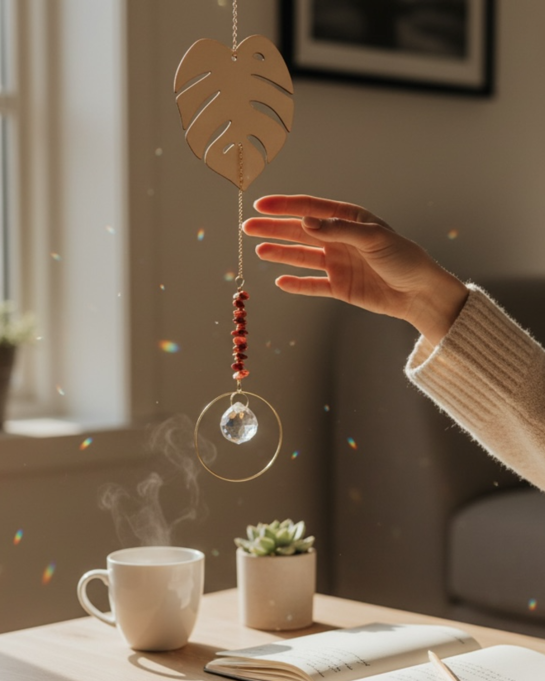 monstera leaf shaped suncatcher near a window.