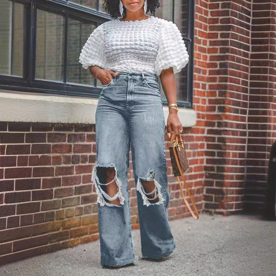 Old ripped wide legs washed high waist loose jeans women