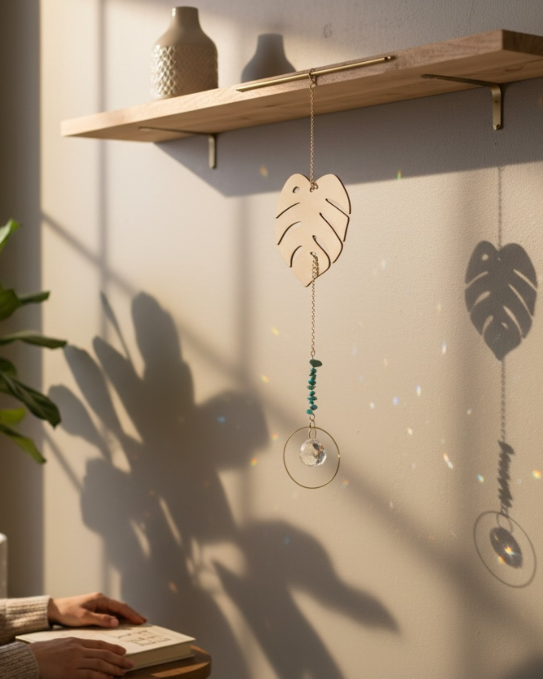monstera leaf shaped suncatcher near a window.