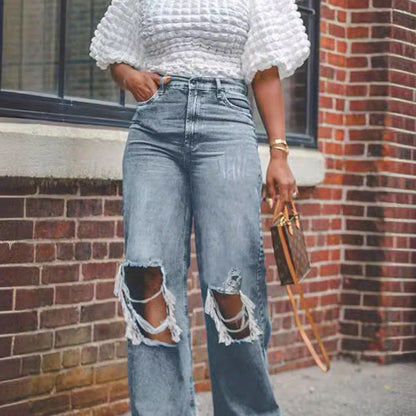 Old ripped wide legs washed high waist loose jeans women