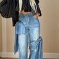Blue wide leg jeans, bow-tie on both sides of the design sense, leisure out four seasons