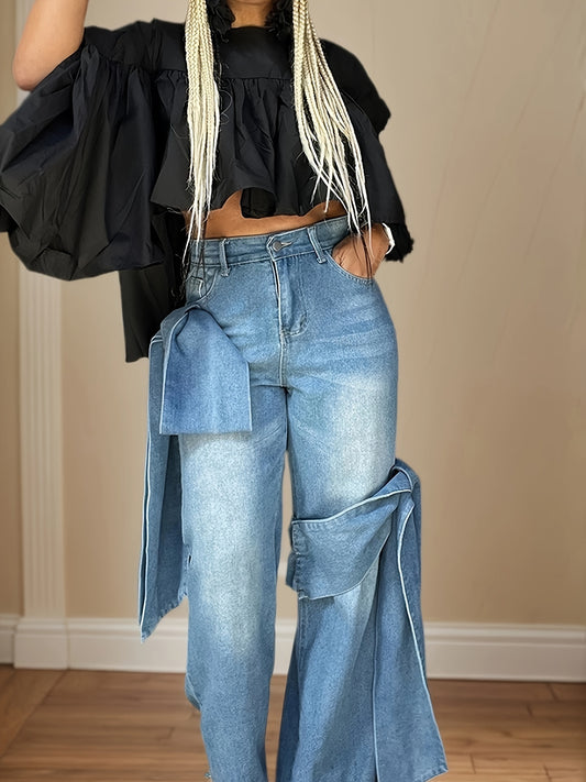 Blue wide leg jeans, bow-tie on both sides of the design sense, leisure out four seasons