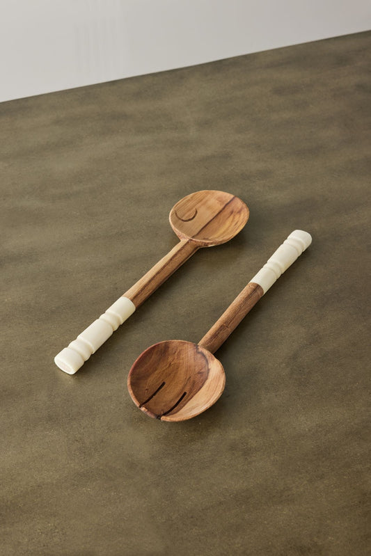 Olive Wood Salad Servers with Polished Bone Handles - The Leafy Branch