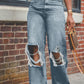 Old ripped wide legs washed high waist loose jeans women