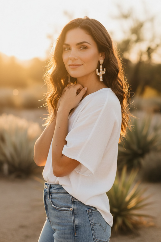 Cacti Handmade Clay Earrings- Brown & White