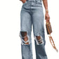 Old ripped wide legs washed high waist loose jeans women