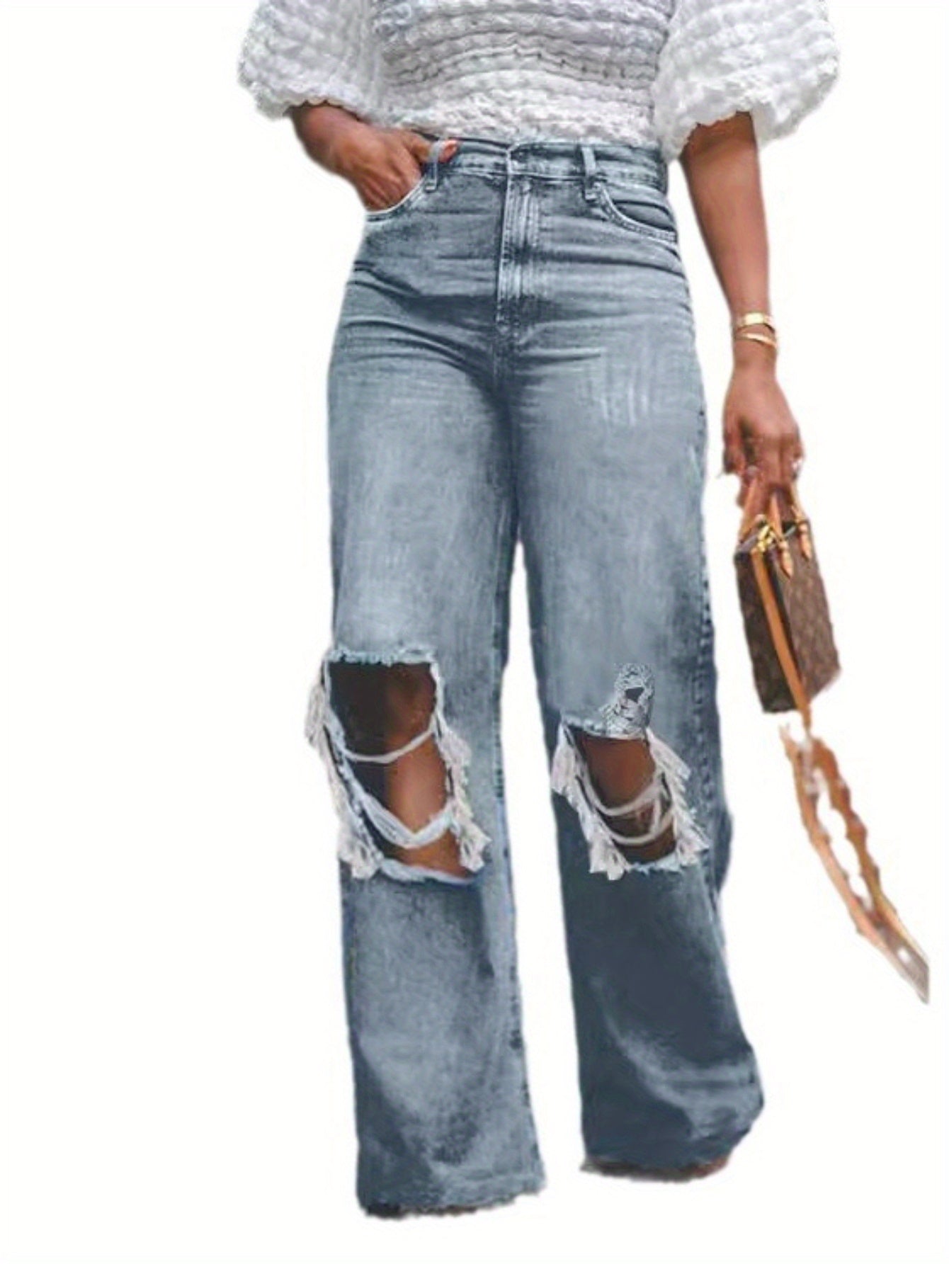 Old ripped wide legs washed high waist loose jeans women