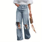Old ripped wide legs washed high waist loose jeans women