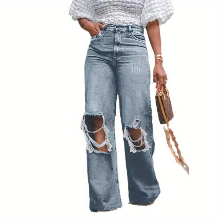 Old ripped wide legs washed high waist loose jeans women