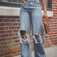 Old ripped wide legs washed high waist loose jeans women