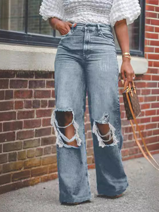 Old ripped wide legs washed high waist loose jeans women