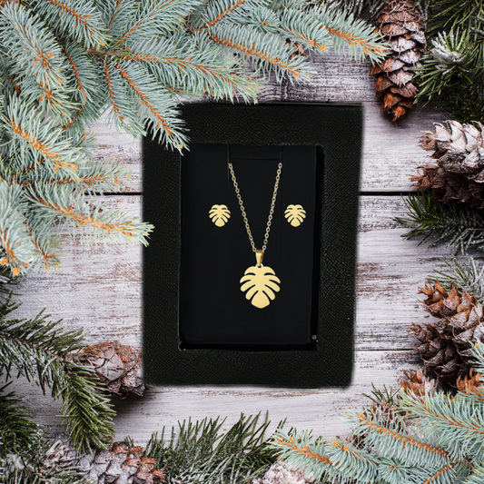 Gold Monstera Jewelry Set