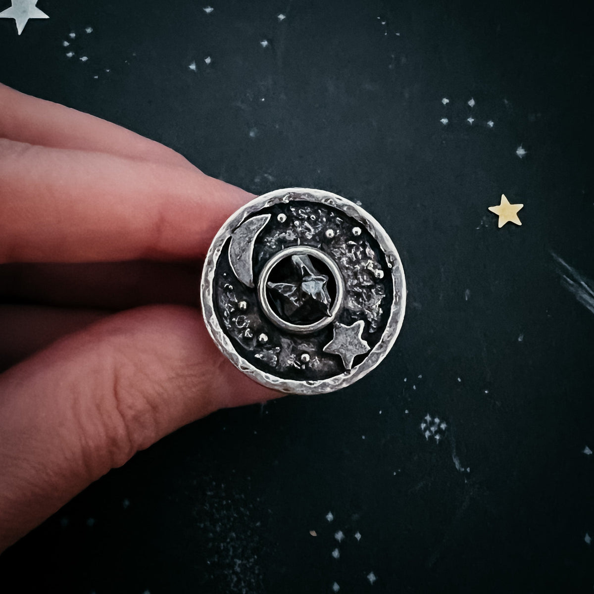 Night Sky Ring with Raw Meteorite