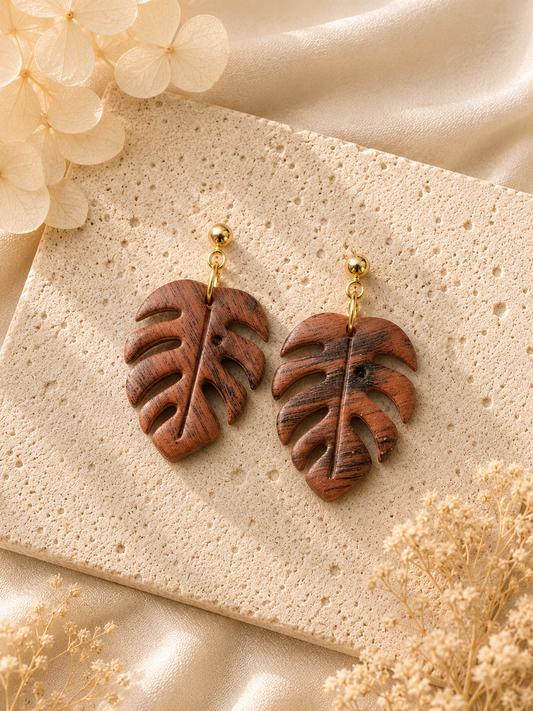 Terracotta Wood Monstera Earrings