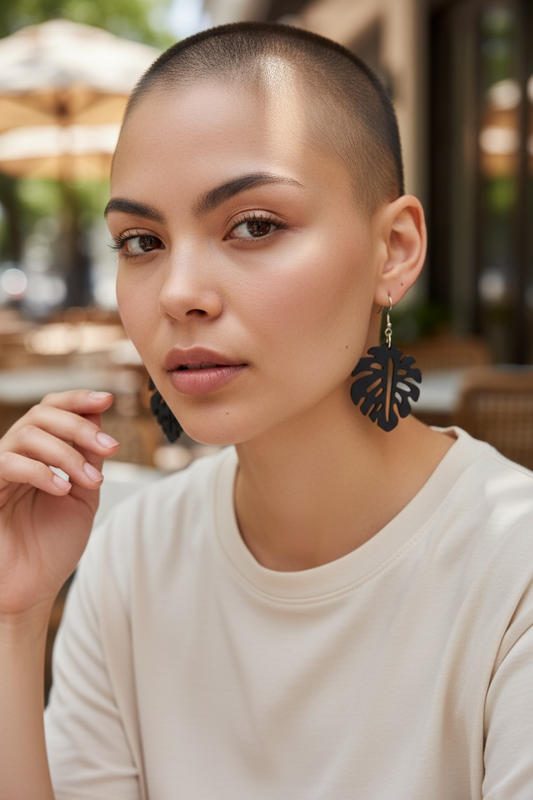 Monstera Wood Earrings- Black