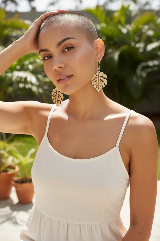 Monstera Wood Earrings- Natural Brown