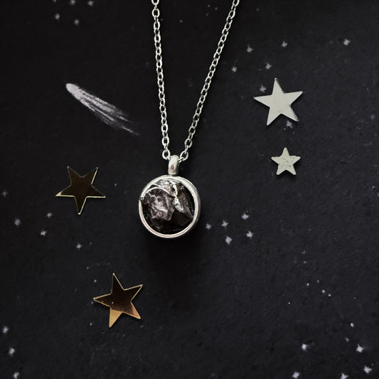Small Round Meteorite Pendant Necklace in Matte Brushed Silver