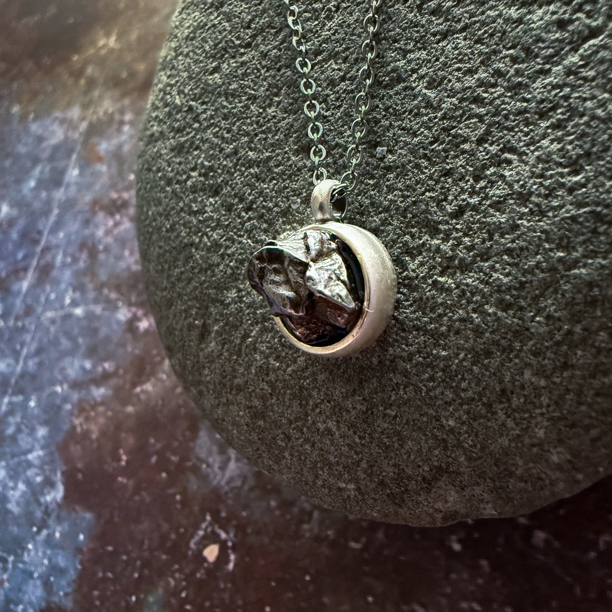Small Round Meteorite Pendant Necklace in Matte Brushed Silver