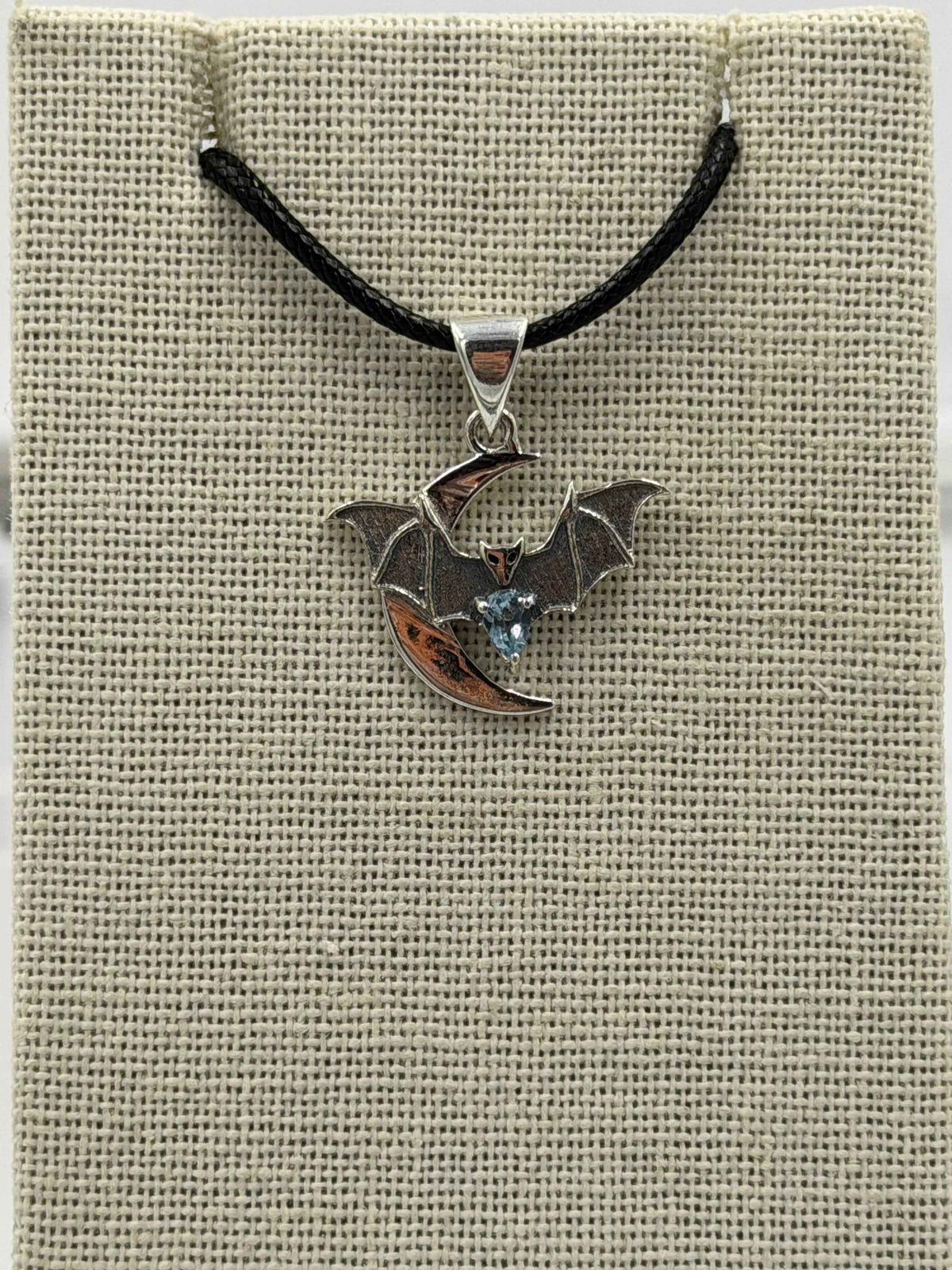 Sterling Silver Bat on Crescent Moon Aquamarine Pendant