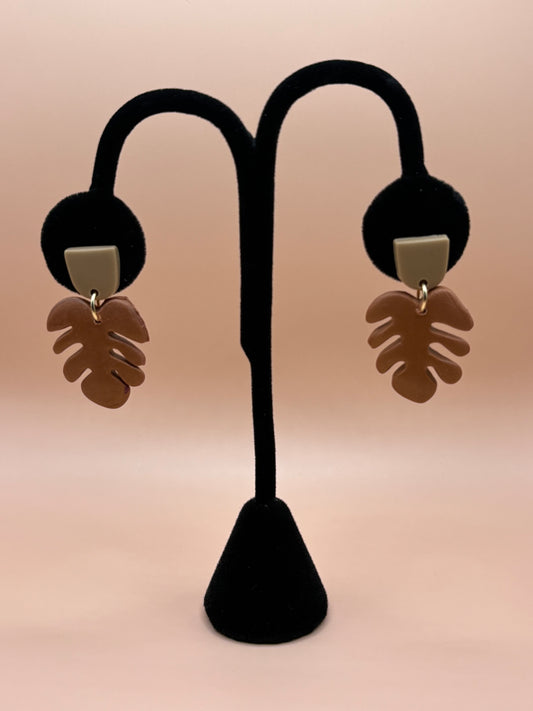 Monstera Handmade Clay Earrings- Brown