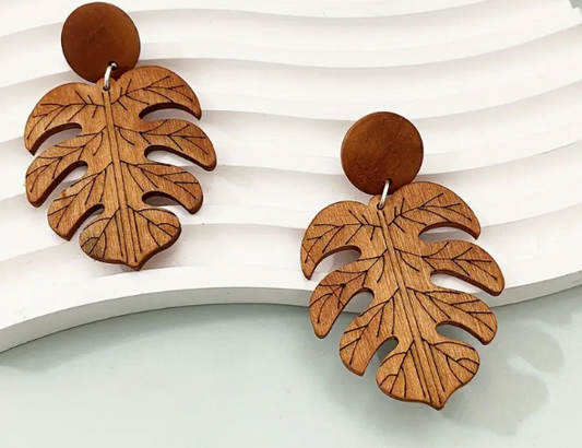 Wooden Monstera Leaf Earrings