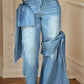 Blue wide leg jeans, bow-tie on both sides of the design sense, leisure out four seasons