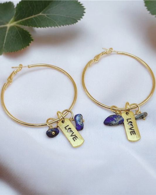 Love Gold Hoop Earrings- Blue
