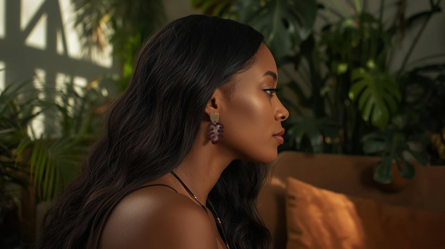 Monstera Handmade Clay Earrings- Wine